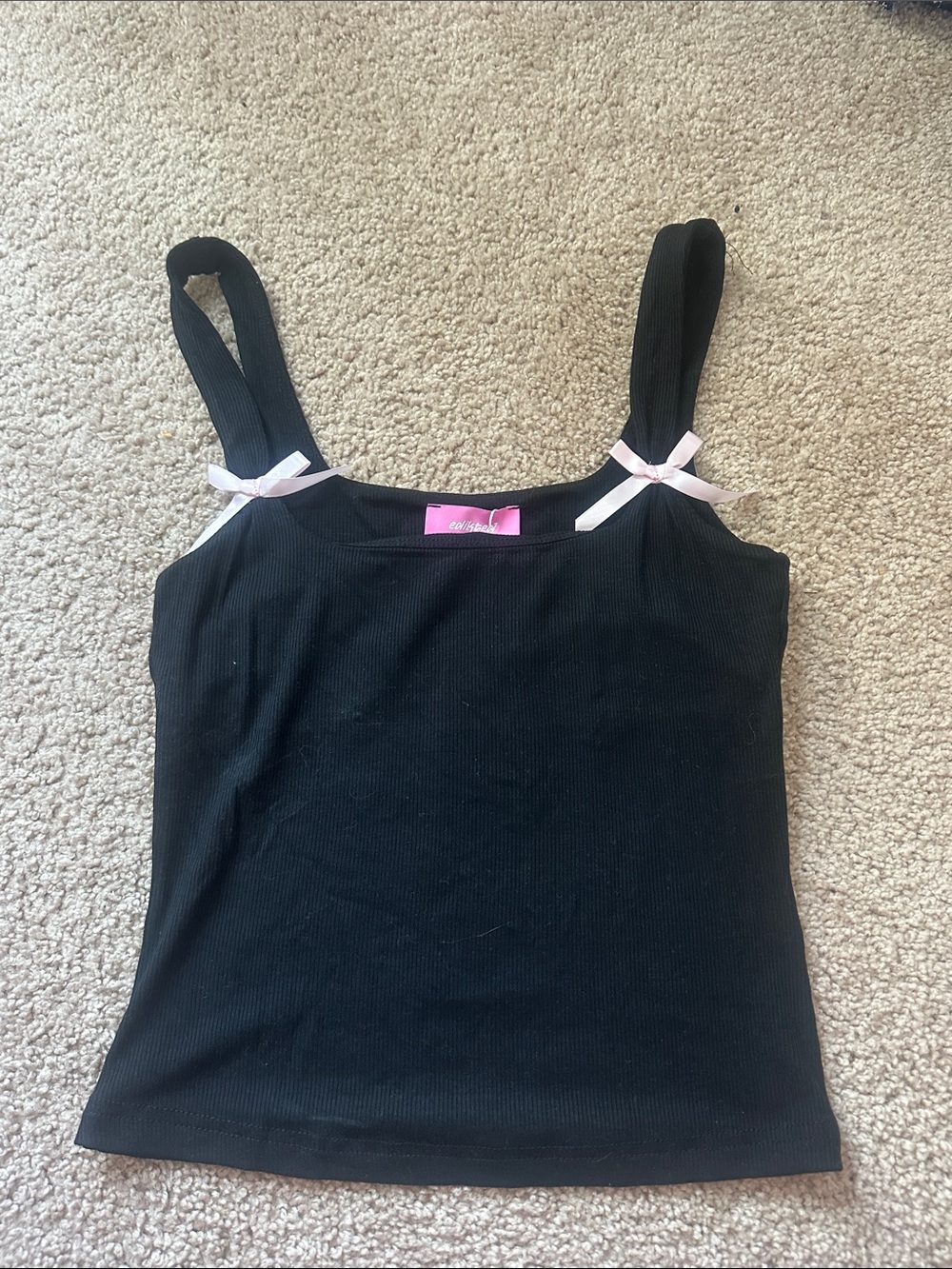 Edikted Black Ribbed Camisole with Pink Bow Straps
